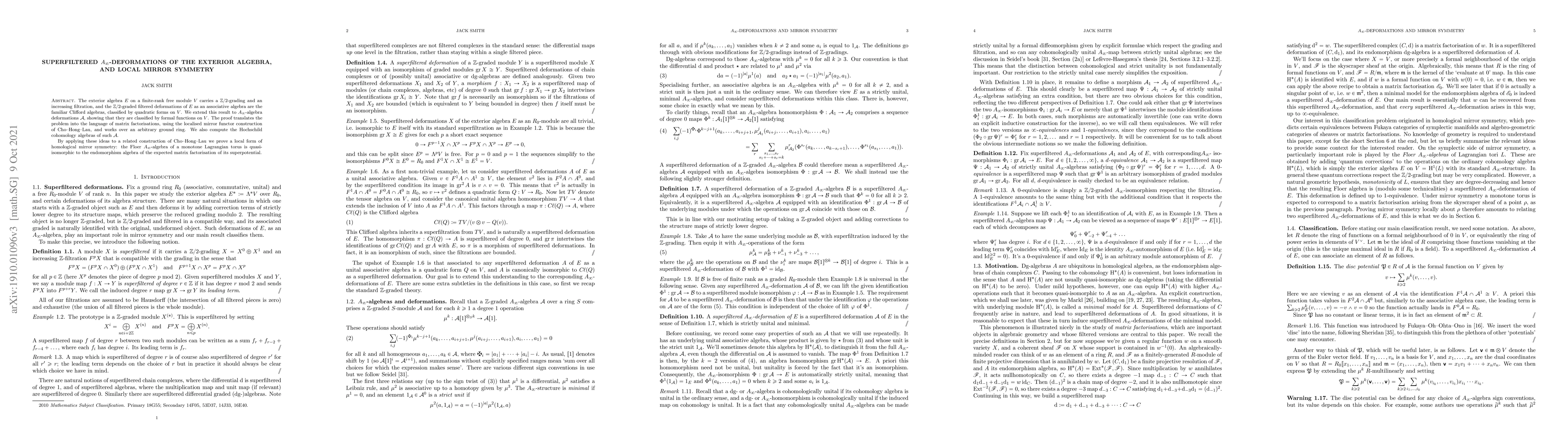 Thumbnail for Superfiltered $A_\infty$-deformations of the exterior algebra, and local
  mirror symmetry