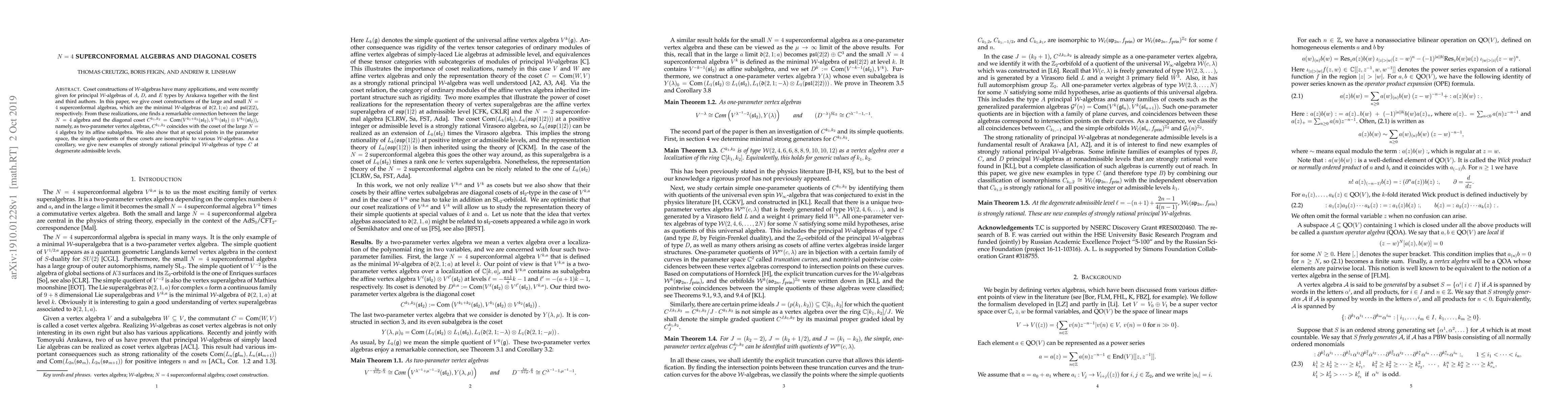 Thumbnail for $N=4$ superconformal algebras and diagonal cosets