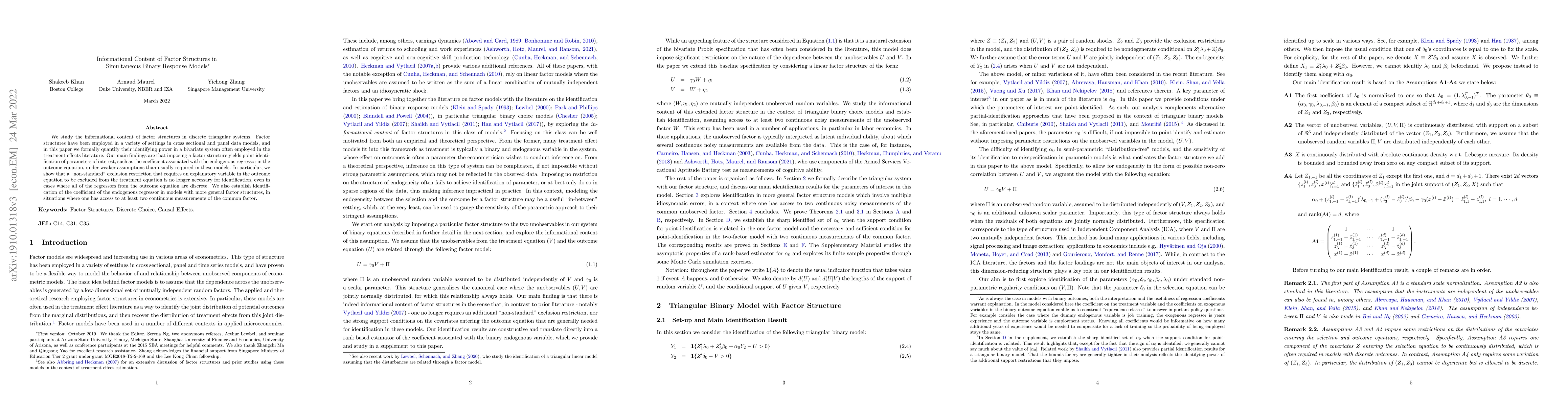 Thumbnail for Informational Content of Factor Structures in Simultaneous Binary
  Response Models
