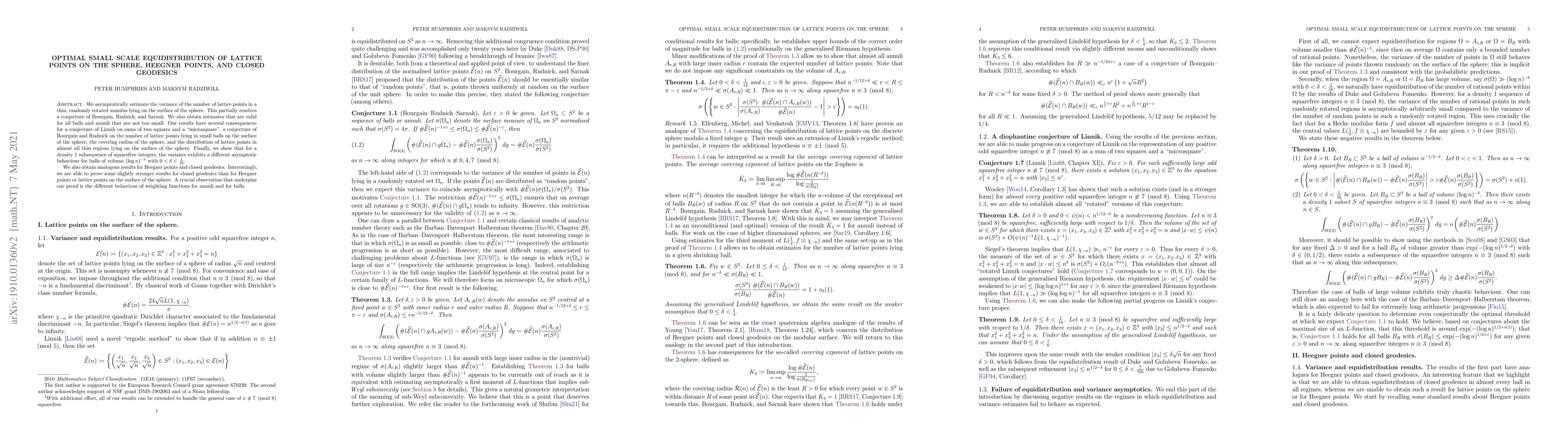 Thumbnail for Optimal Small Scale Equidistribution of Lattice Points on the Sphere,
  Heegner Points, and Closed Geodesics