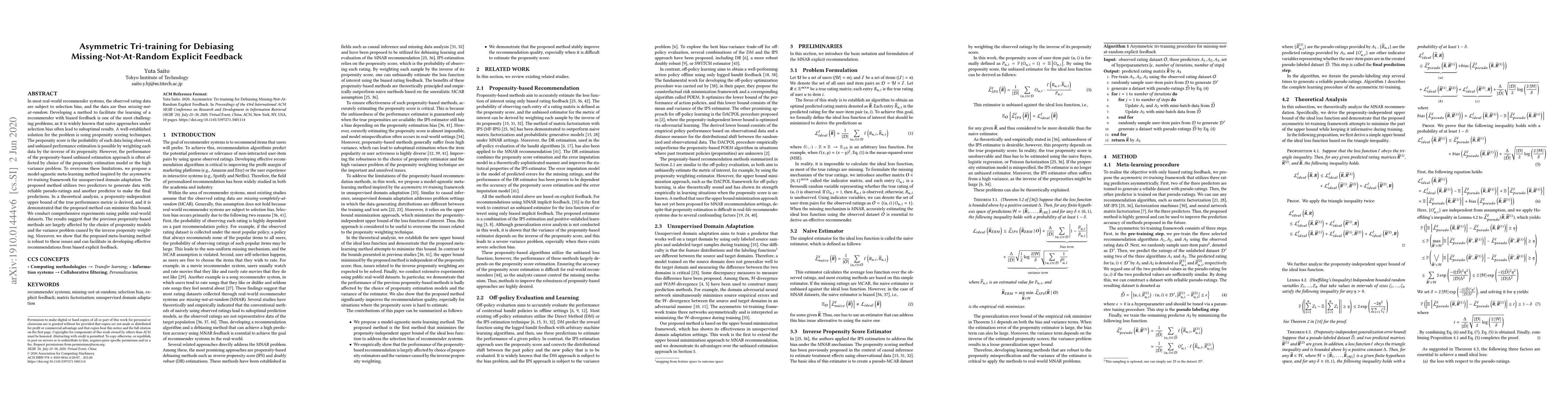 Thumbnail for Asymmetric Tri-training for Debiasing Missing-Not-At-Random Explicit
  Feedback