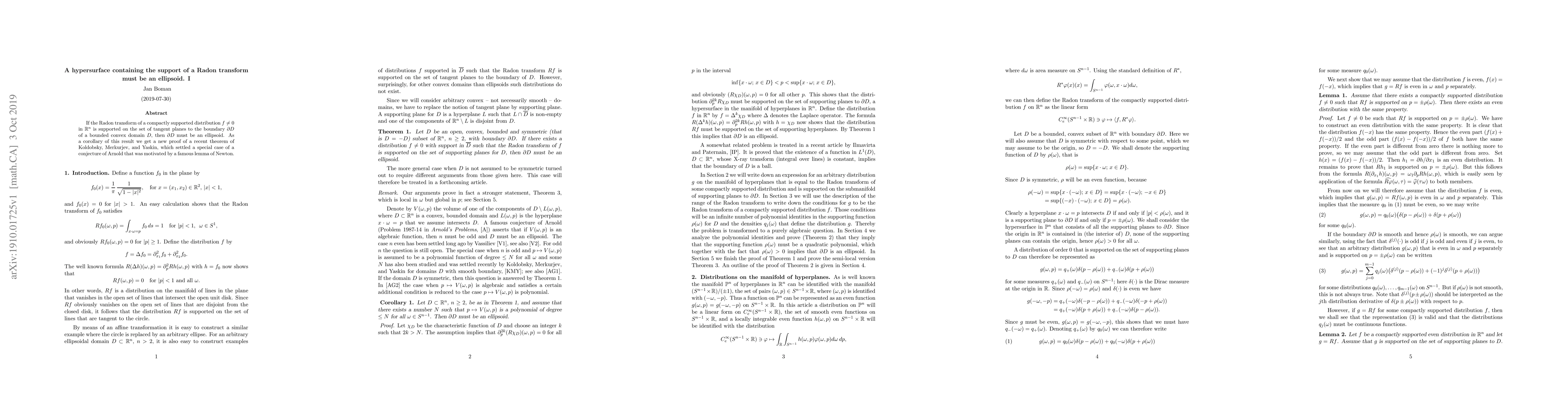 Thumbnail for A hypersurface containing the support of a Radon transform must be an
  ellipsoid. I