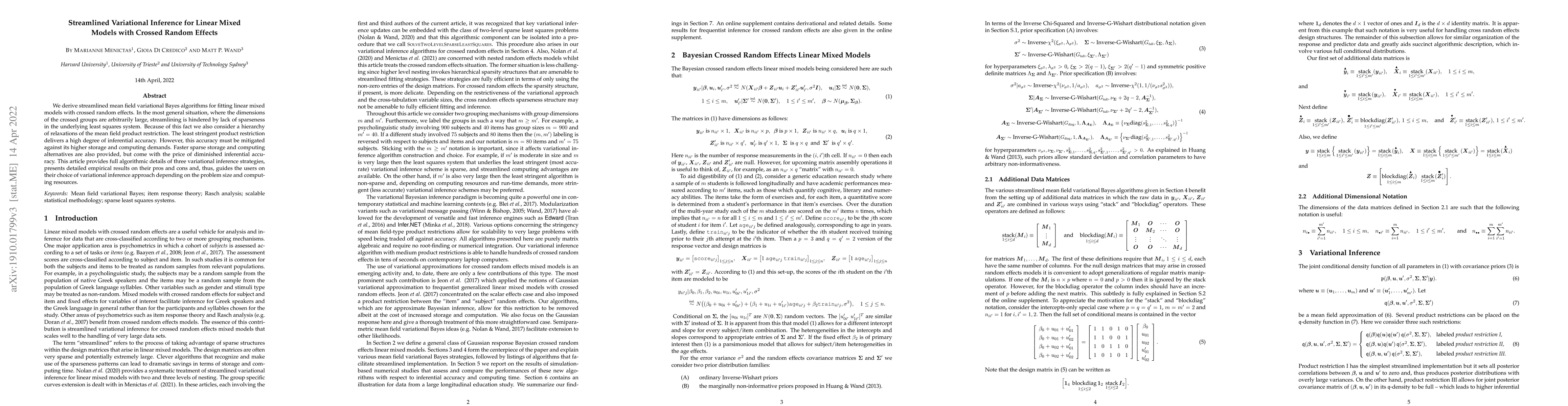 Thumbnail for Streamlined Variational Inference for Linear Mixed Models with Crossed
  Random Effects