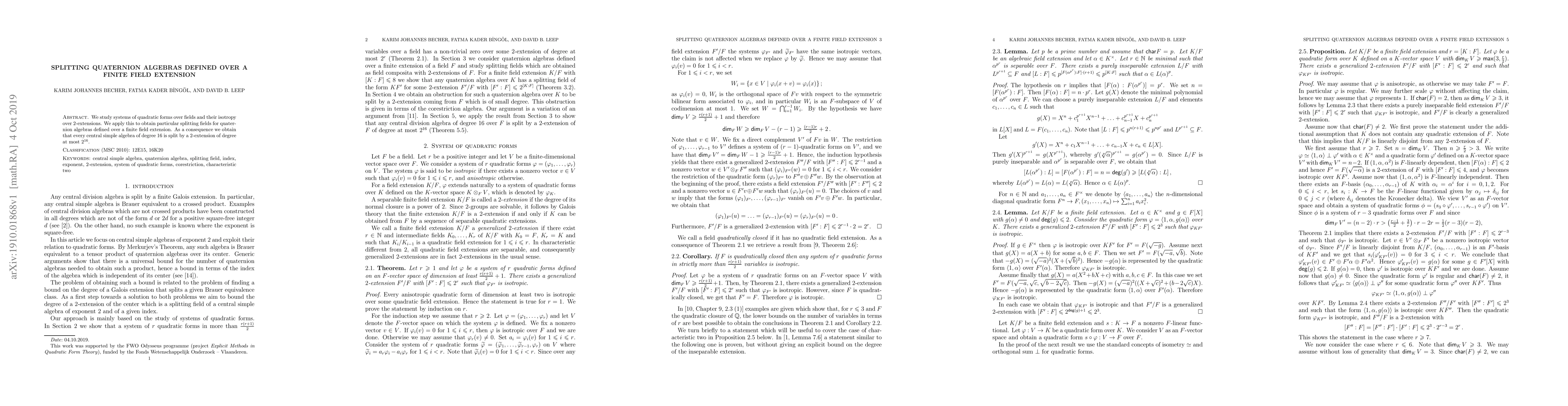 Thumbnail for Splitting quaternion algebras defined over a finite field extension
