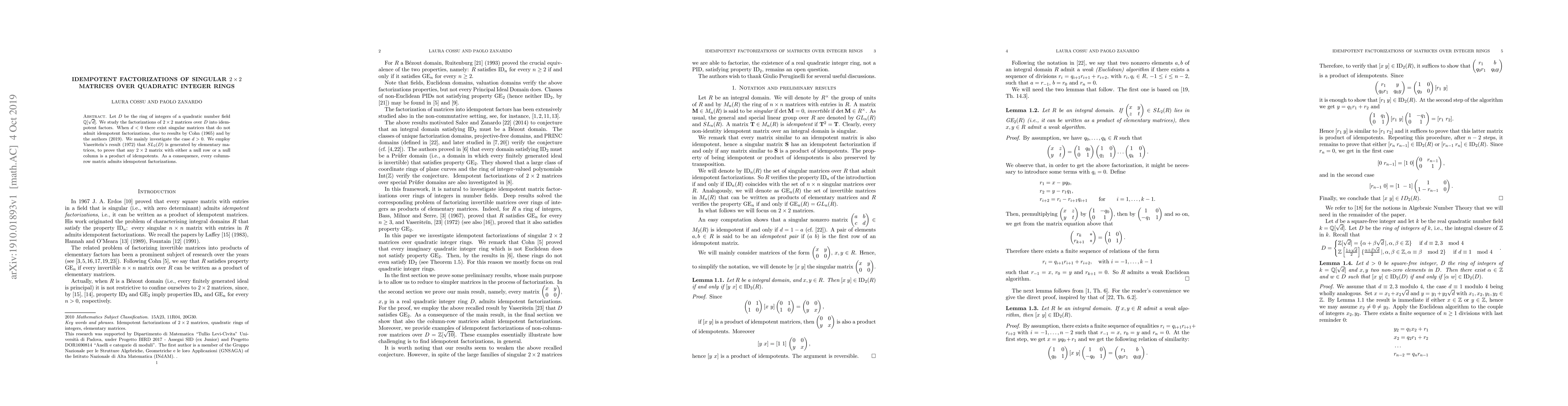 Thumbnail for Idempotent factorizations of singular $2\times 2$ matrices over
  quadratic integer rings