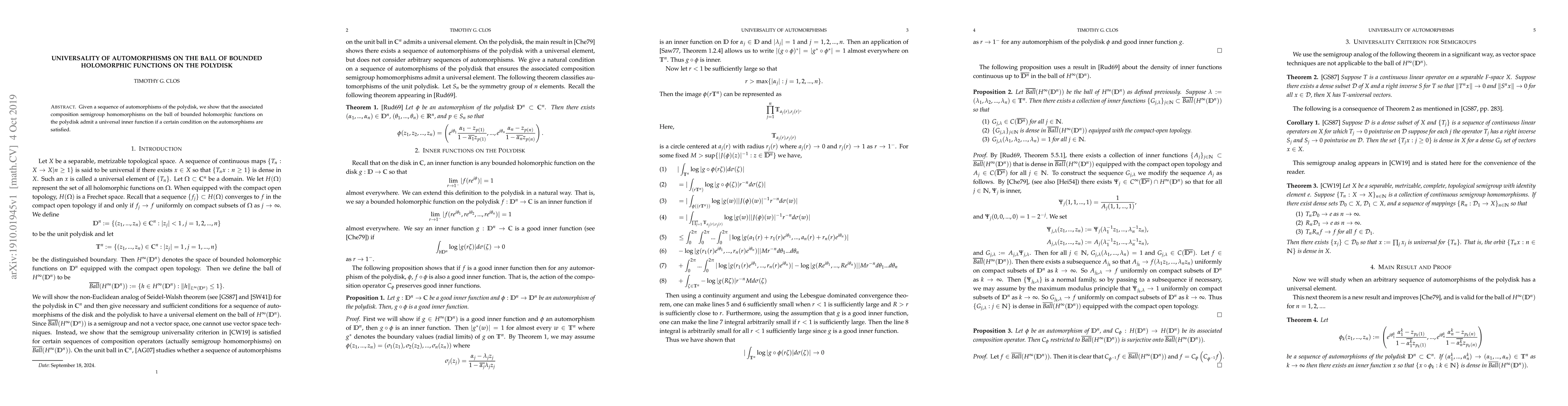 Thumbnail for Universality of Automorphisms on the Ball of Bounded Holomorphic
  Functions on the Polydisk