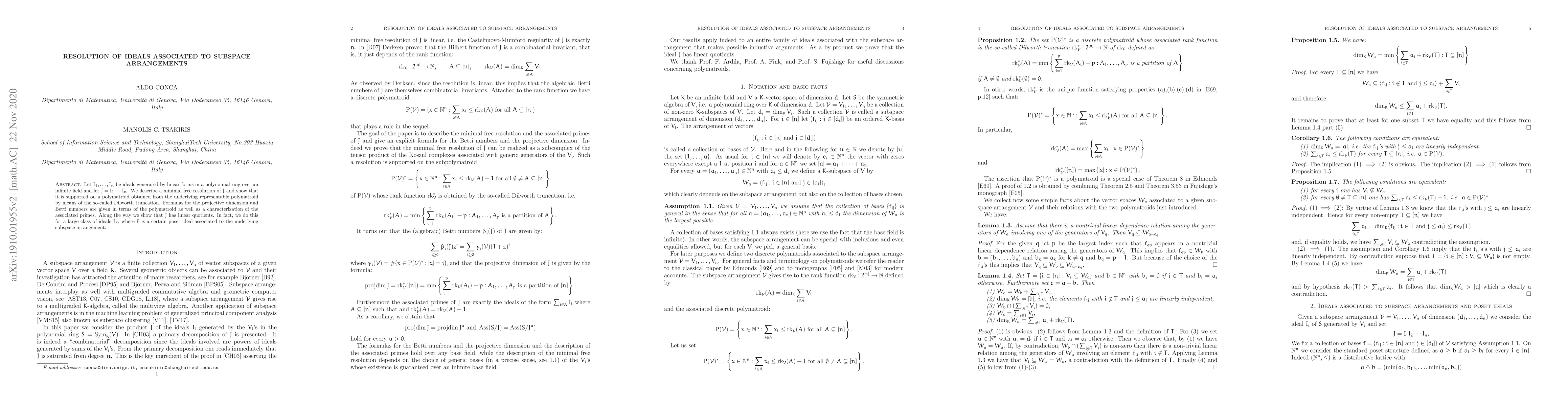 Thumbnail for Resolution of ideals associated to subspace arrangements