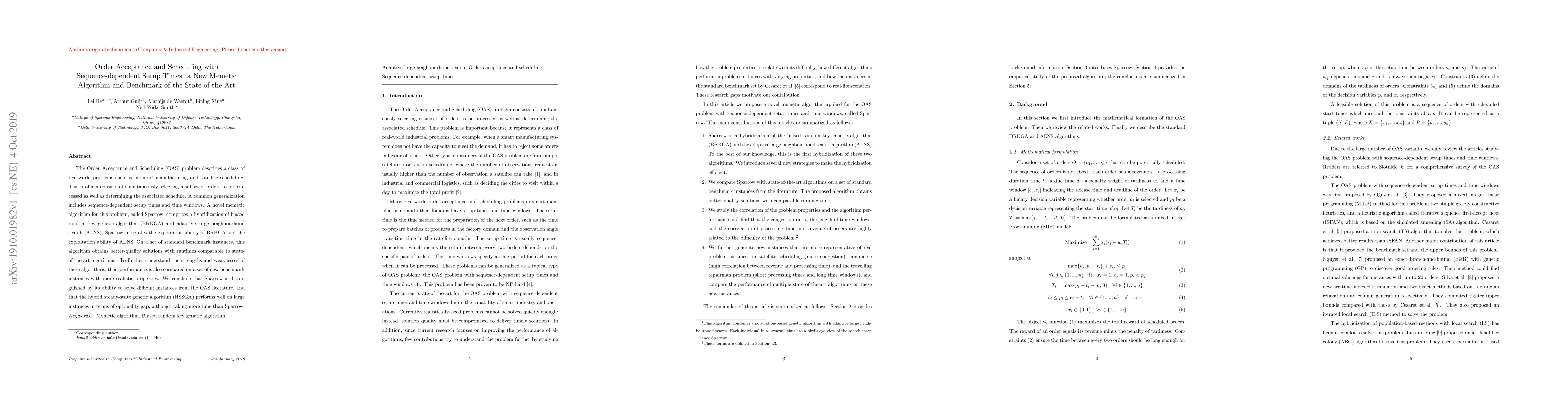 Thumbnail for Order Acceptance and Scheduling with Sequence-dependent Setup Times: a
  New Memetic Algorithm and Benchmark of the State of the Art