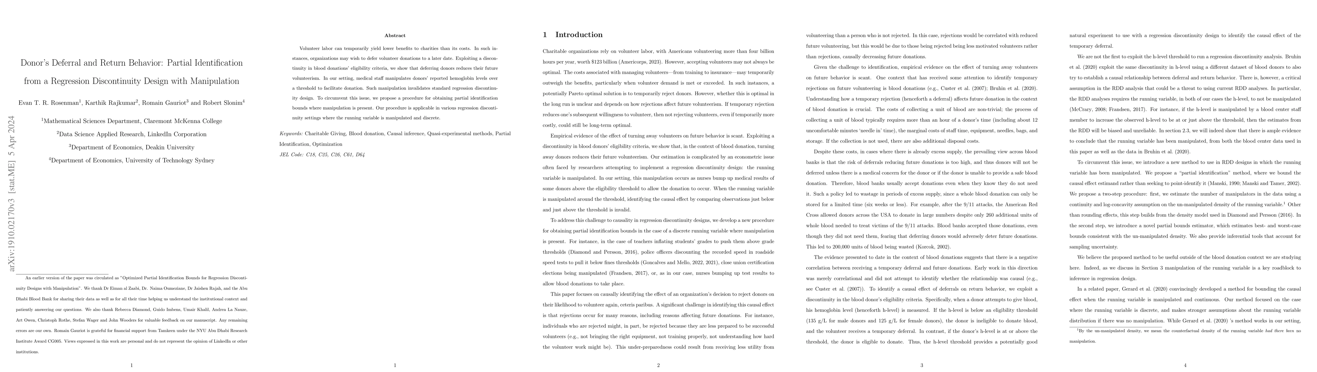 Thumbnail for Donor's Deferral and Return Behavior: Partial Identification from a
  Regression Discontinuity Design with Manipulation