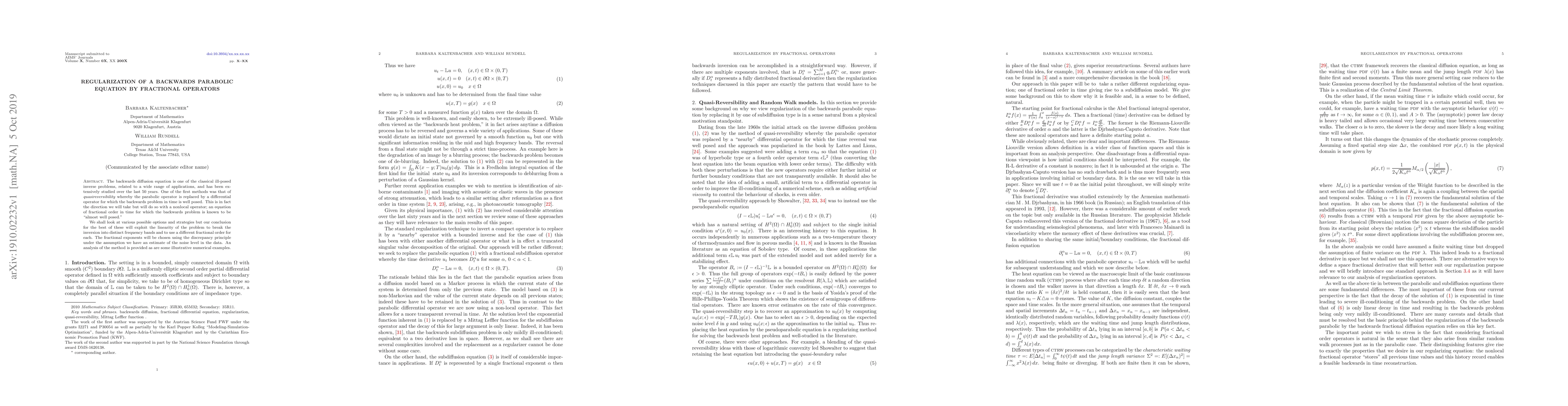 Thumbnail for Regularization of a backwards parabolic equation by fractional operators