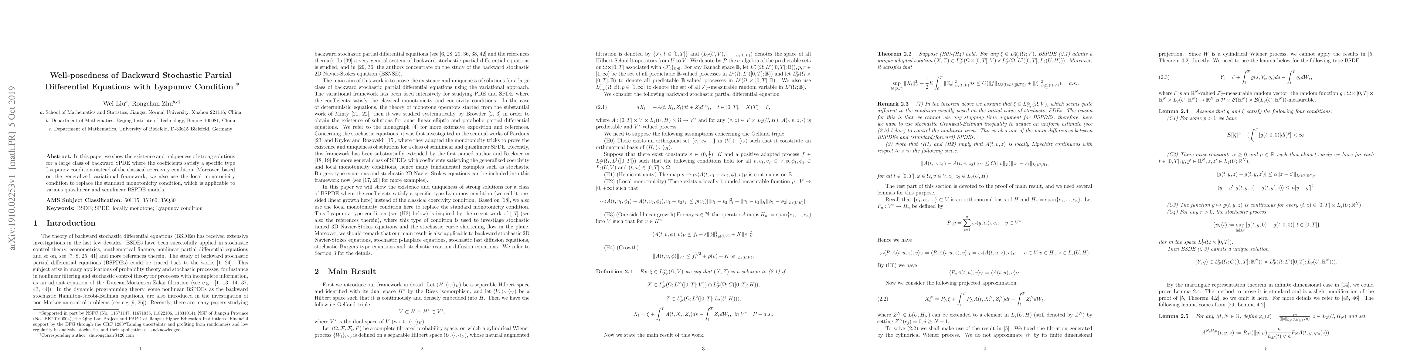 Thumbnail for Well-posedness of Backward Stochastic Partial Differential Equations
  with Lyapunov Condition