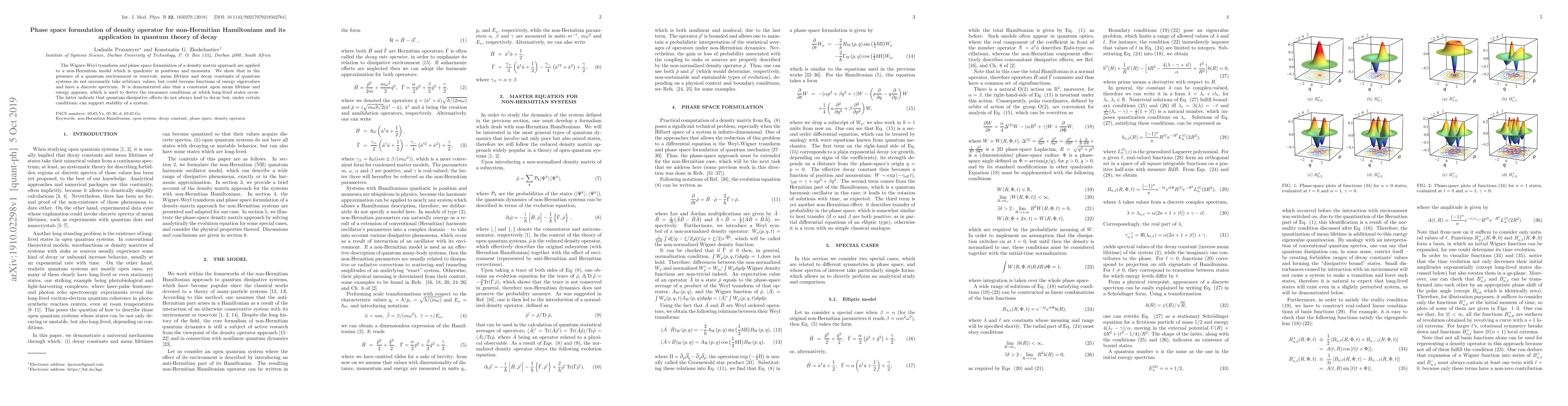 Thumbnail for Phase space formulation of density operator for non-Hermitian
  Hamiltonians and its application in quantum theory of decay