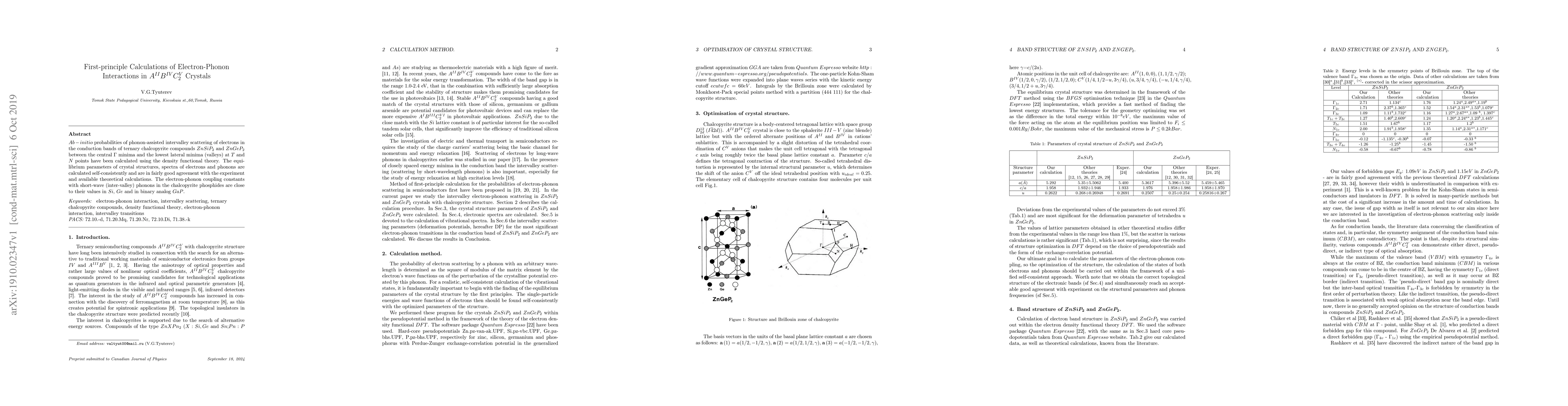 Thumbnail for First-principle Calculations of Electron-Phonon Interactions in
  $A^{II}B^{IV}C^{V}_2$ Crystals