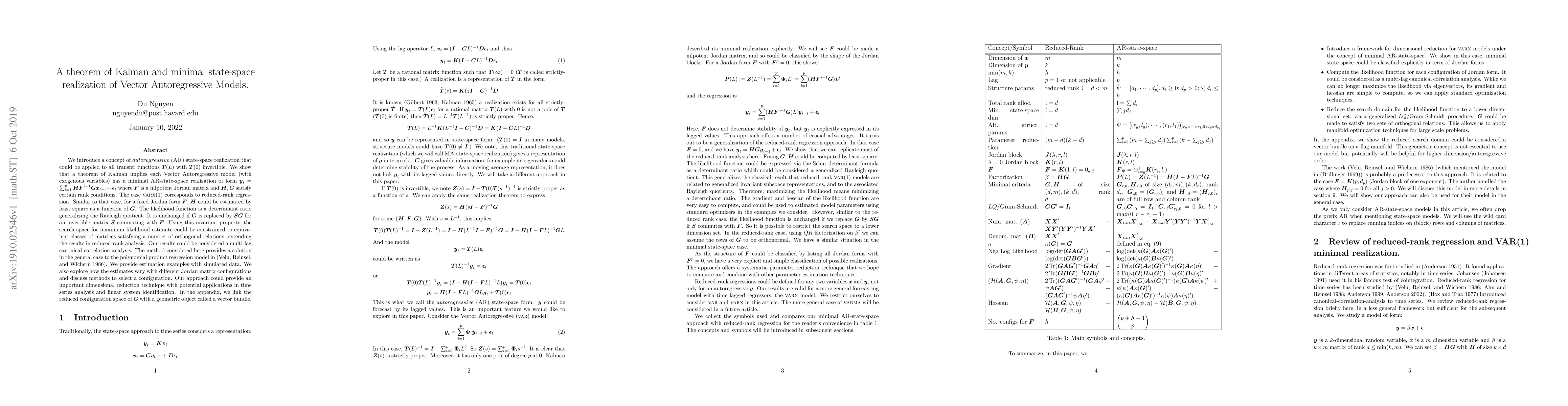 Thumbnail for A theorem of Kalman and minimal state-space realization of Vector
  Autoregressive Models