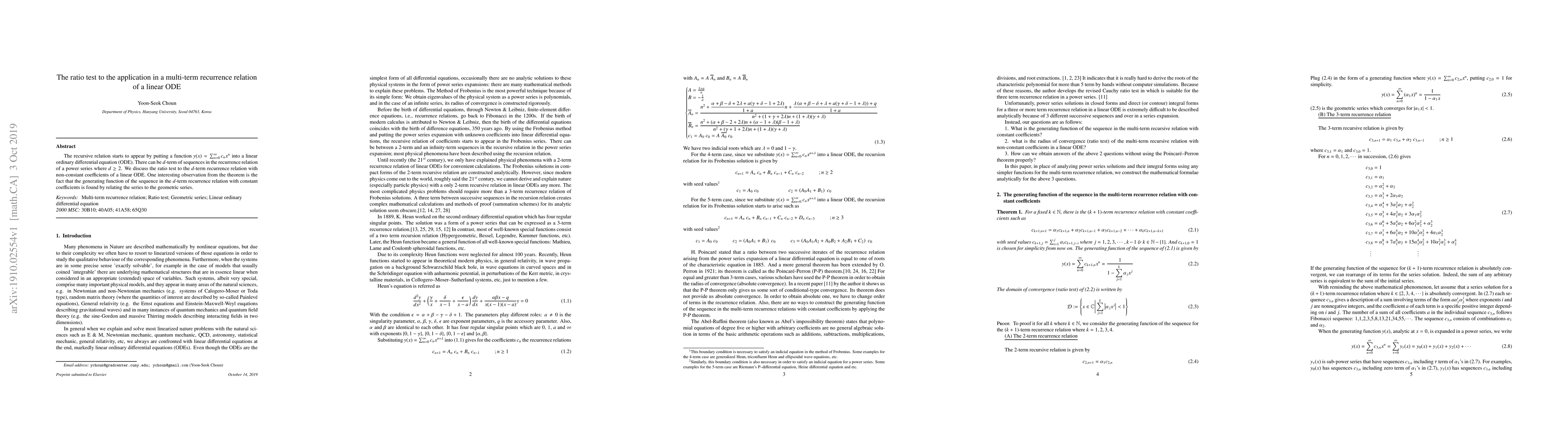Thumbnail for The convergence test to the application in a multi-term recurrence
  relation of a linear ODE
