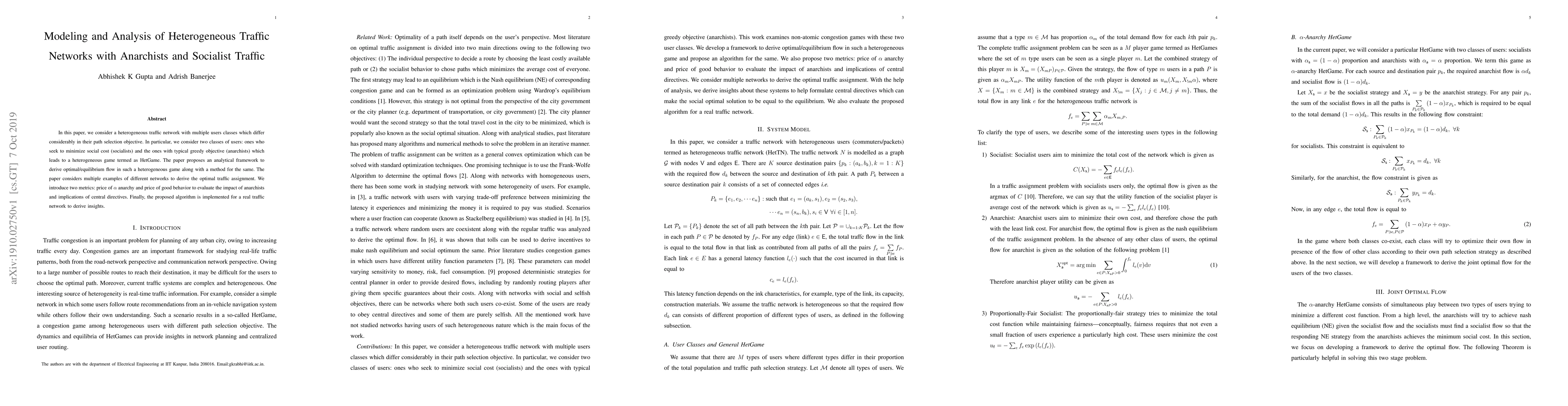 Thumbnail for Modeling and Analysis of Heterogeneous Traffic Networks with Anarchists
  and Socialist Traffic