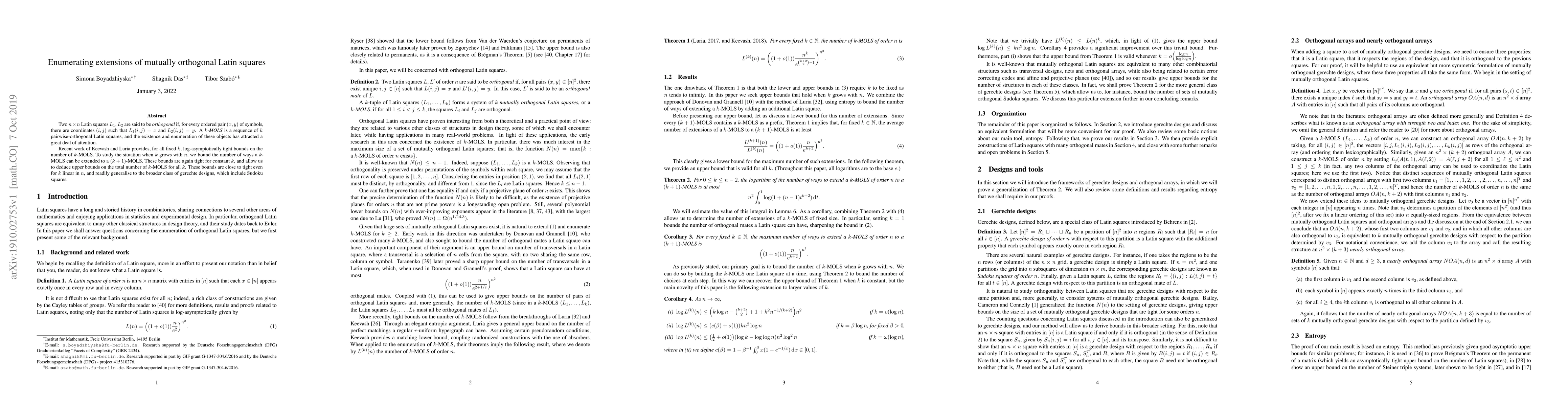 Thumbnail for Enumerating extensions of mutually orthogonal Latin squares
