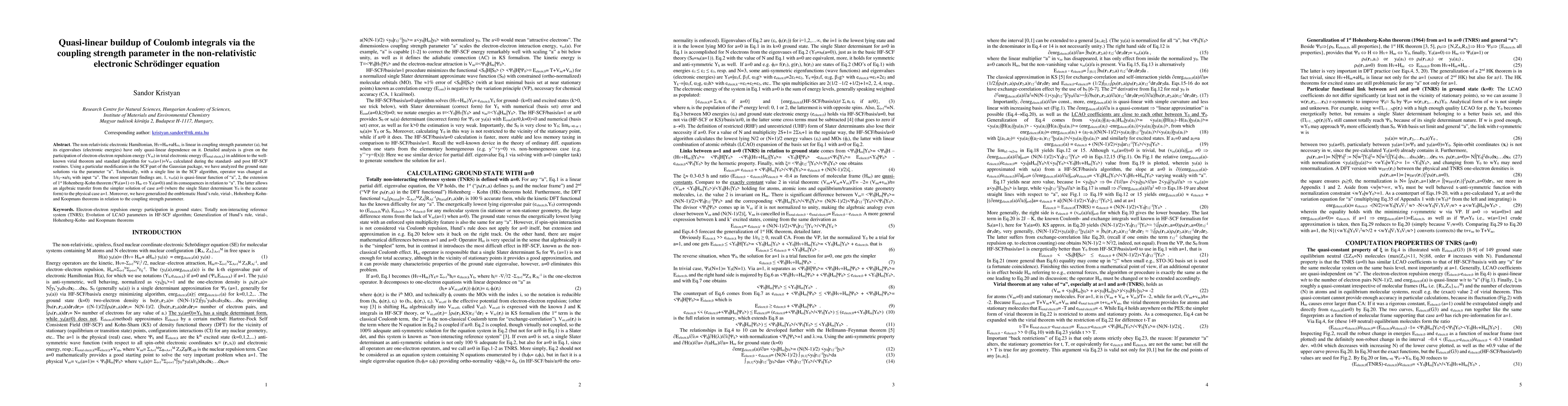 Thumbnail for Quasi-linear buildup of Coulomb integrals via the coupling strength
  parameter in the non-relativistic electronic Schrodinger equation