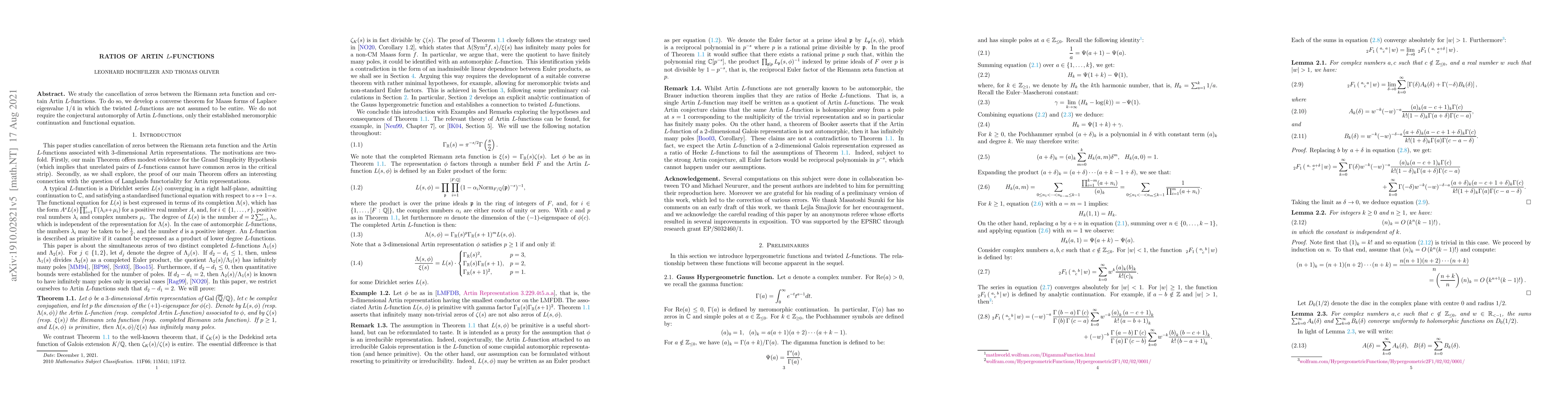 Thumbnail for Ratios of Artin L-functions