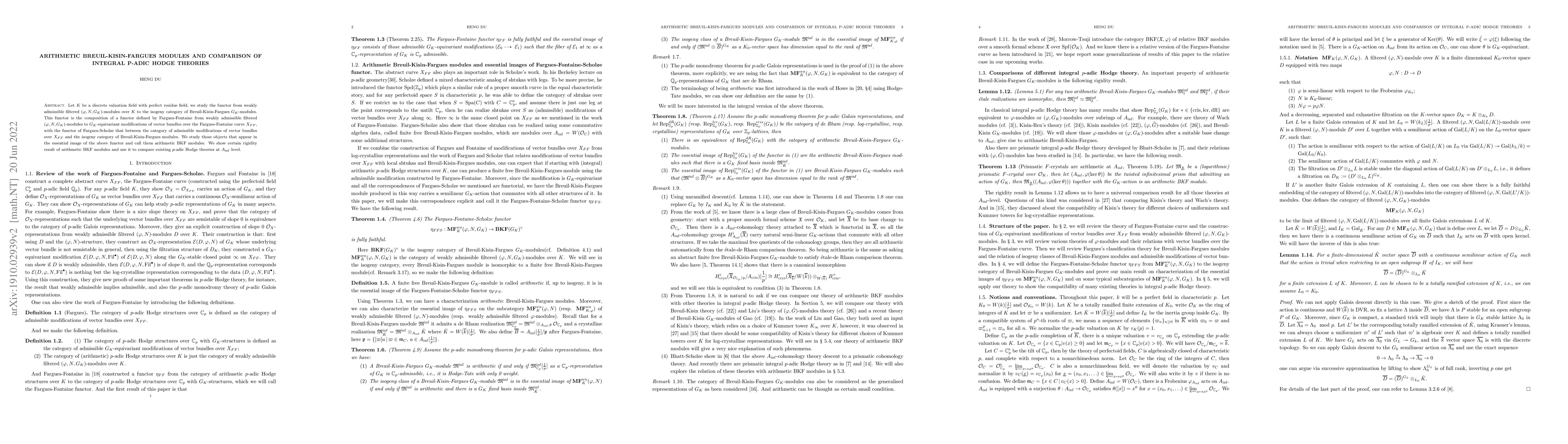Thumbnail for Arithmetic {B}reuil-{K}isin-{F}argues modules and comparison of integral
  {p}-adic Hodge theories