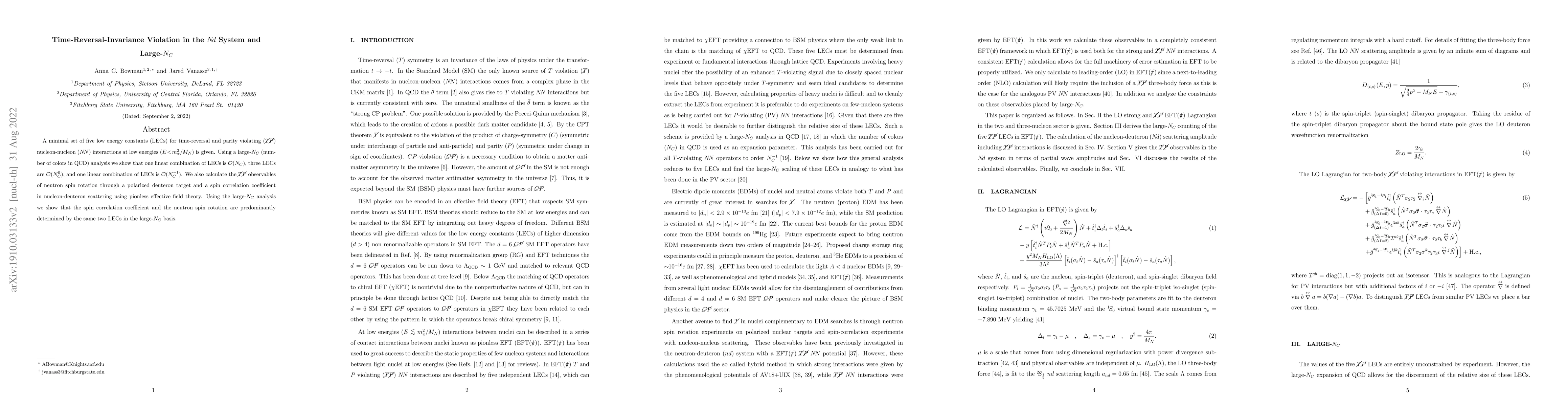 Thumbnail for Time-Reversal-Invariance Violation in the $N\!d$ System and Large-$N_C$