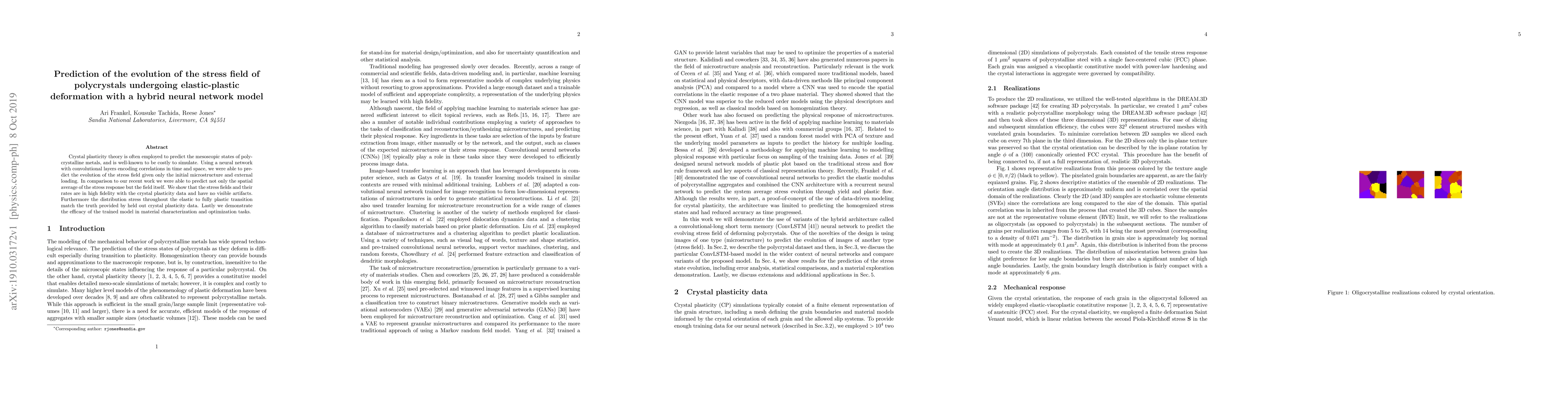 Thumbnail for Prediction of the evolution of the stress field of polycrystals
  undergoing elastic-plastic deformation with a hybrid neural network model