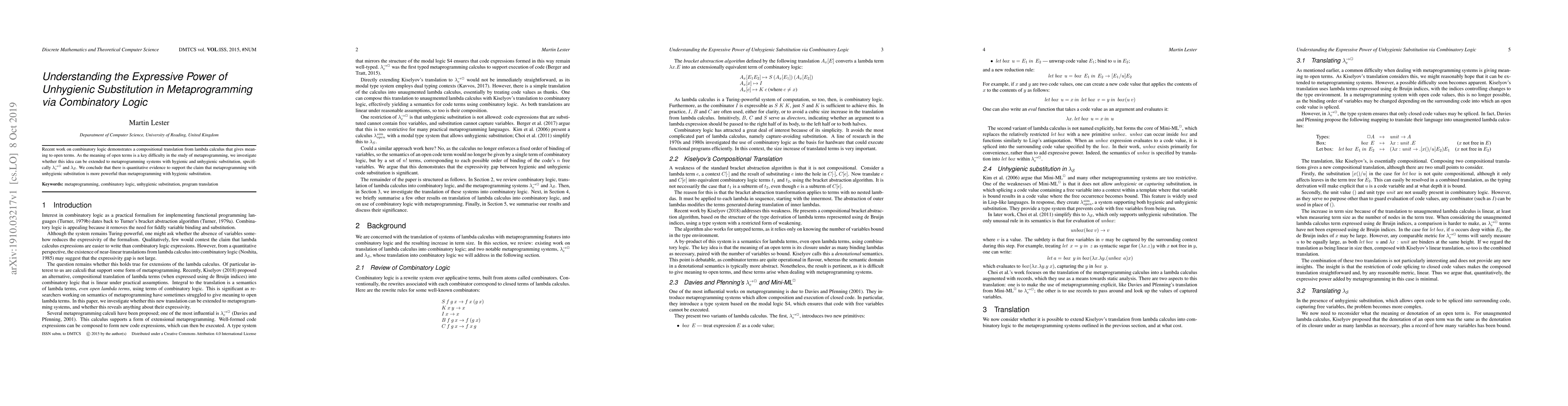 Thumbnail for Understanding the Expressive Power of Unhygienic Substitution in
  Metaprogramming via Combinatory Logic