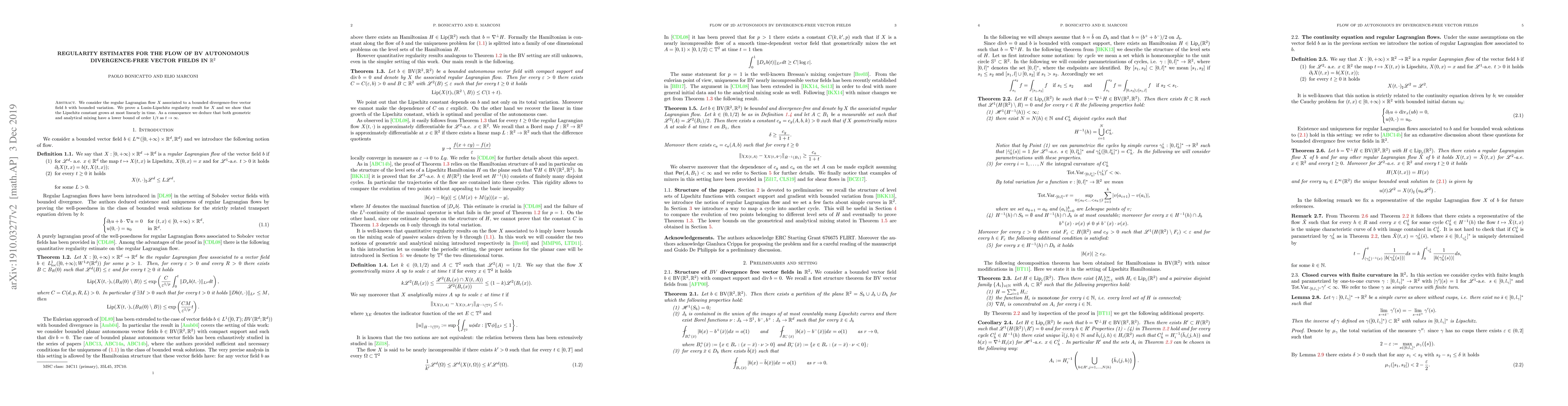 Thumbnail for Regularity estimates for the flow of BV autonomous divergence free
  vector fields in $\mathbb{R}^2$