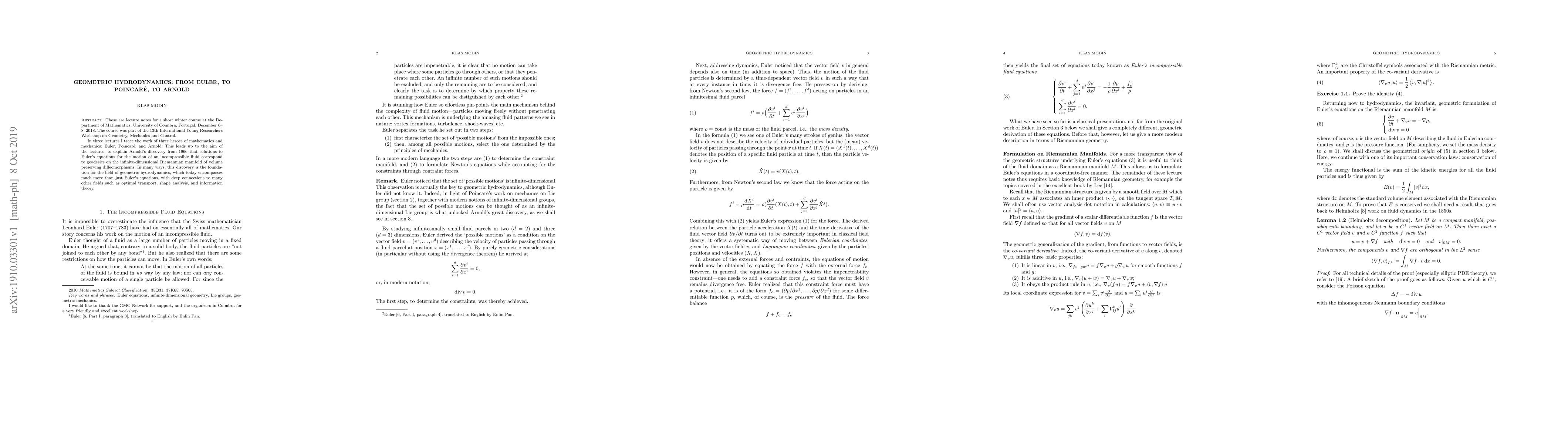 Thumbnail for Geometric Hydrodynamics: from Euler, to Poincar\'e, to Arnold