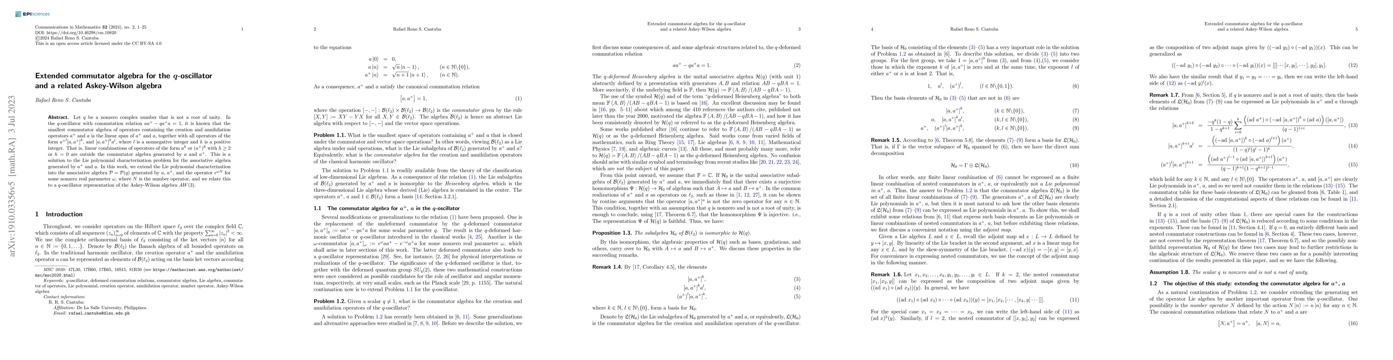 Thumbnail for Extended commutator algebra for the $q$-oscillator and a related
  Askey-Wilson algebra