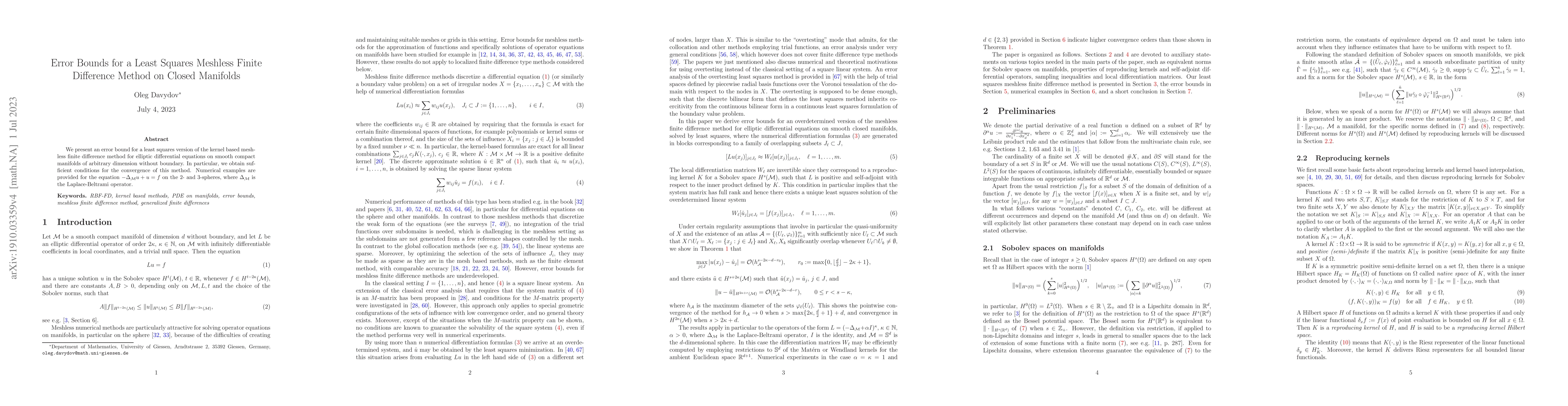Thumbnail for Error Bounds for a Least Squares Meshless Finite Difference Method on
  Closed Manifolds