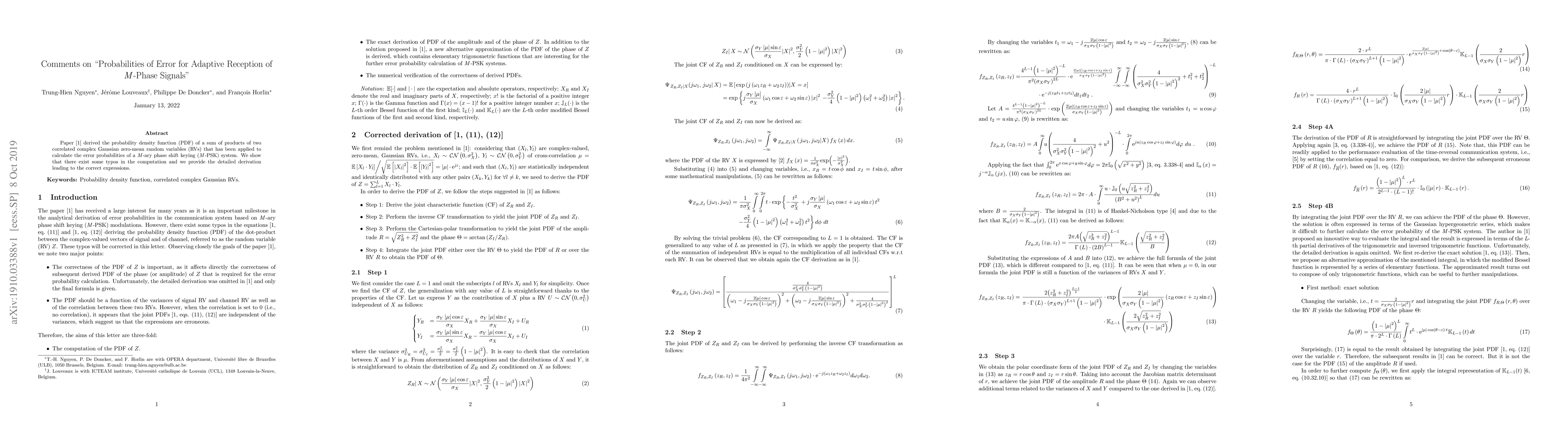 Thumbnail for Comments on "Probabilities of Error for Adaptive Reception of M-Phase
  Signals"