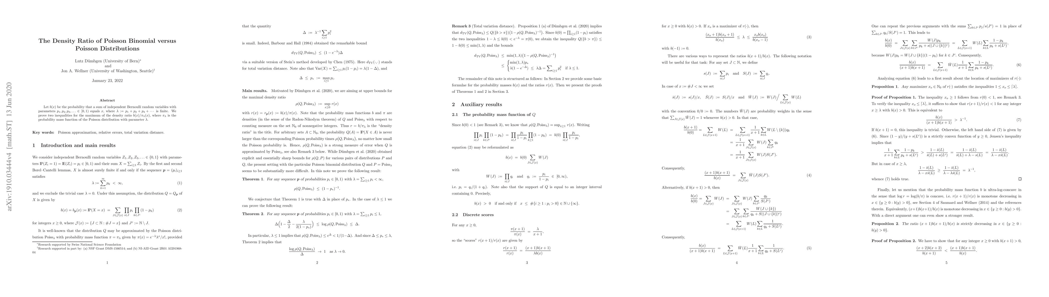 Thumbnail for The density ratio of Poisson binomial versus Poisson distributions