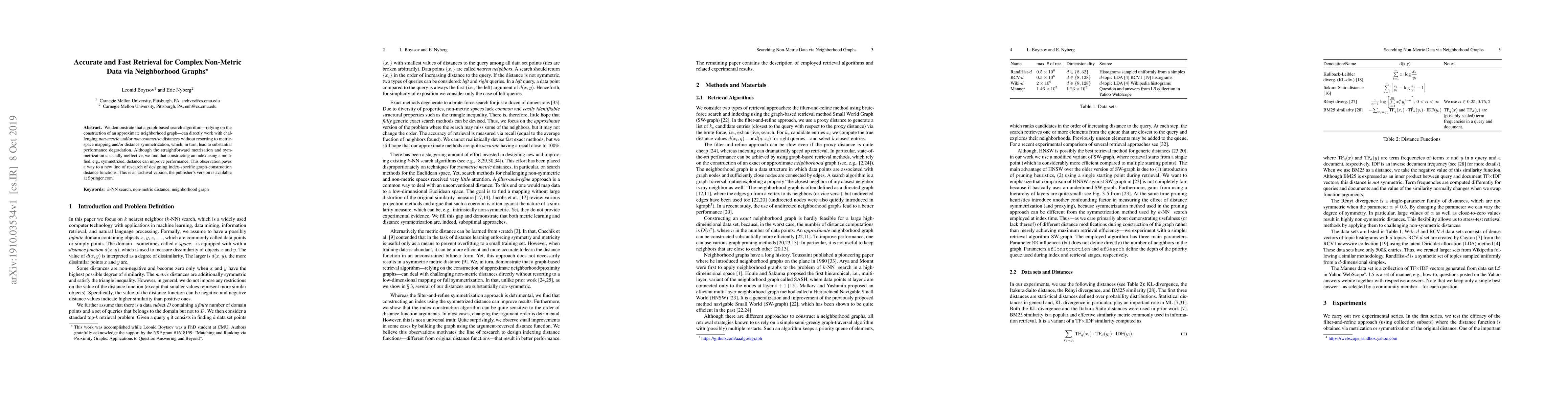 Thumbnail for Accurate and Fast Retrieval for Complex Non-metric Data via Neighborhood
  Graphs