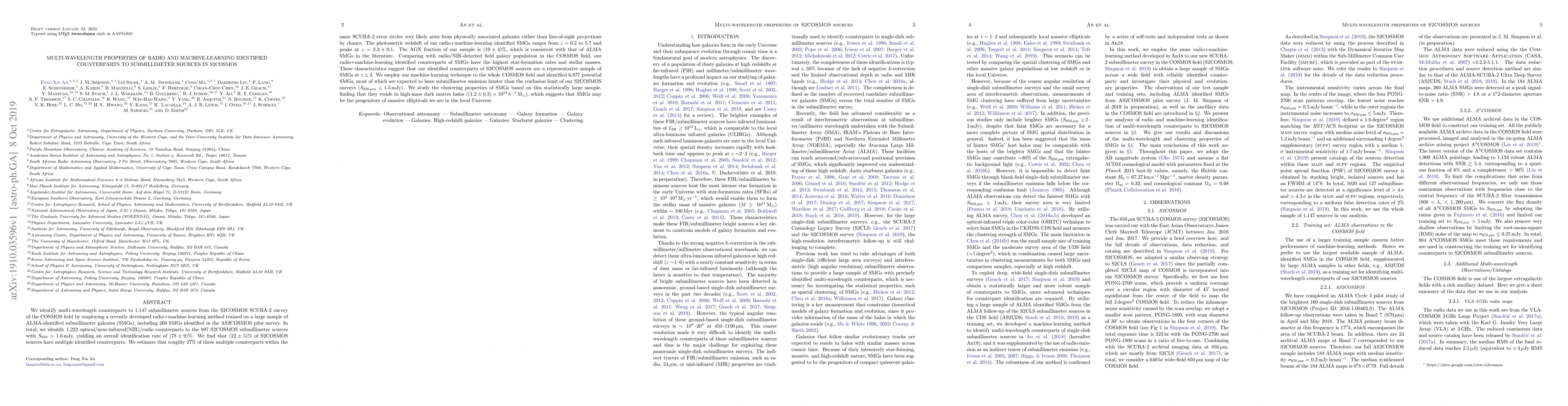 Thumbnail for Multi-wavelength properties of radio and machine-learning identified
  counterparts to submillimeter sources in S2COSMOS
