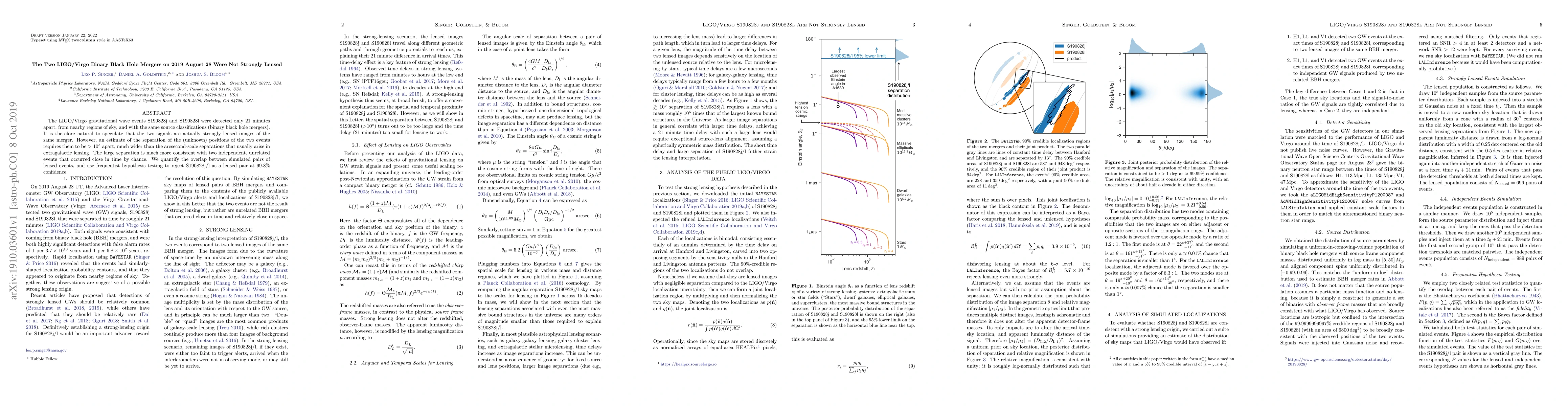 Thumbnail for The Two LIGO/Virgo Binary Black Hole Mergers on 2019 August 28 Were Not
  Strongly Lensed