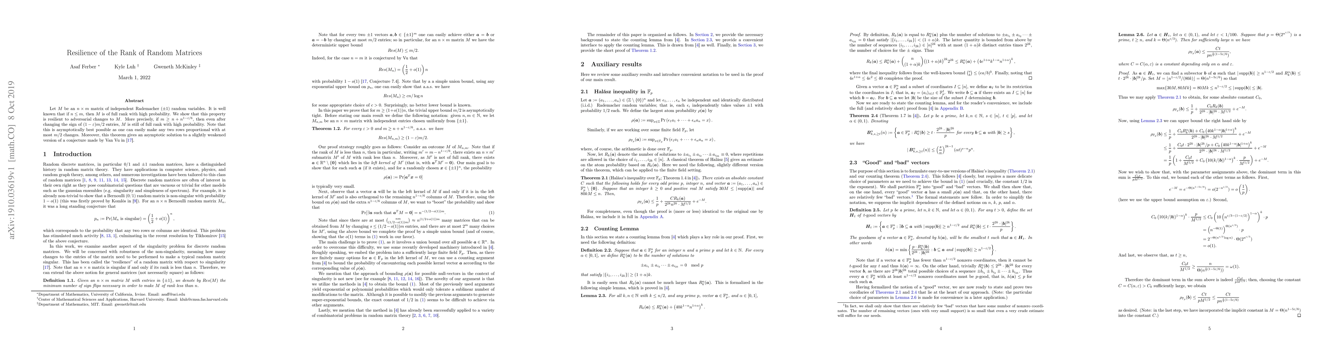 Thumbnail for Resilience of the Rank of Random Matrices