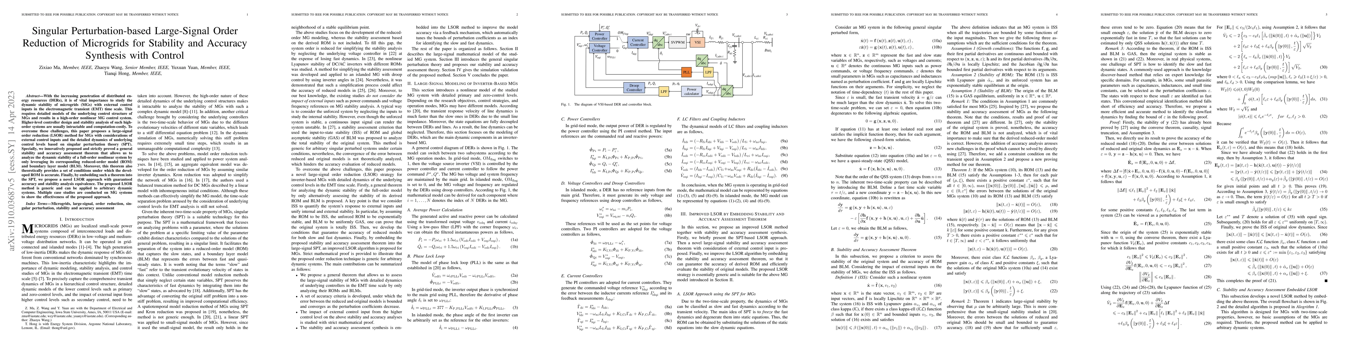 Thumbnail for Singular Perturbation-based Large-Signal Order Reduction of Microgrids
  for Stability and Accuracy Synthesis with Control