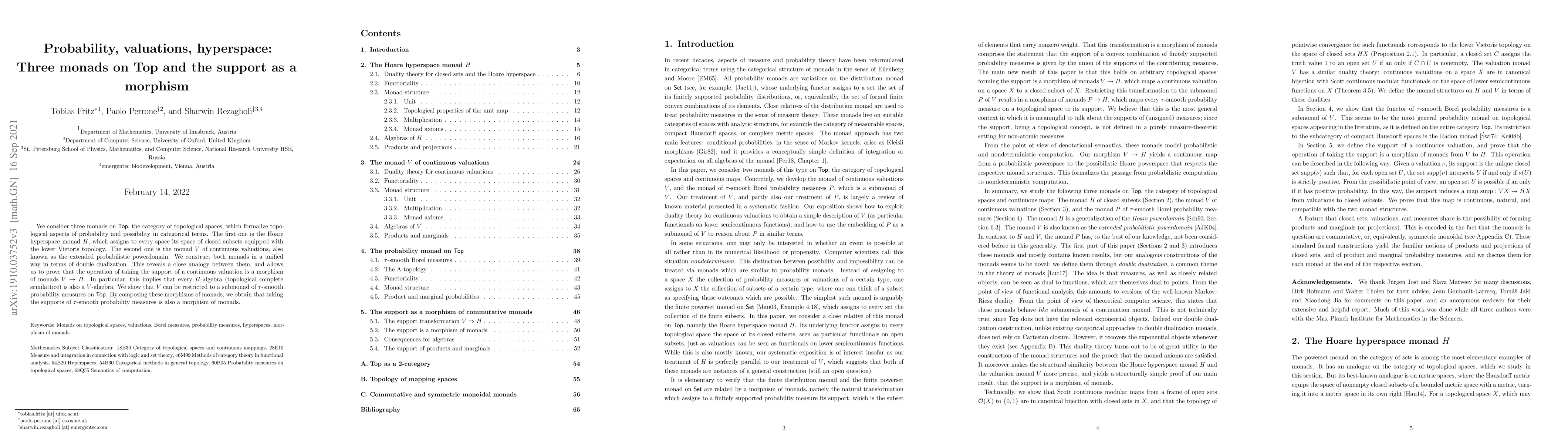 Thumbnail for Probability, valuations, hyperspace: Three monads on Top and the support
  as a morphism