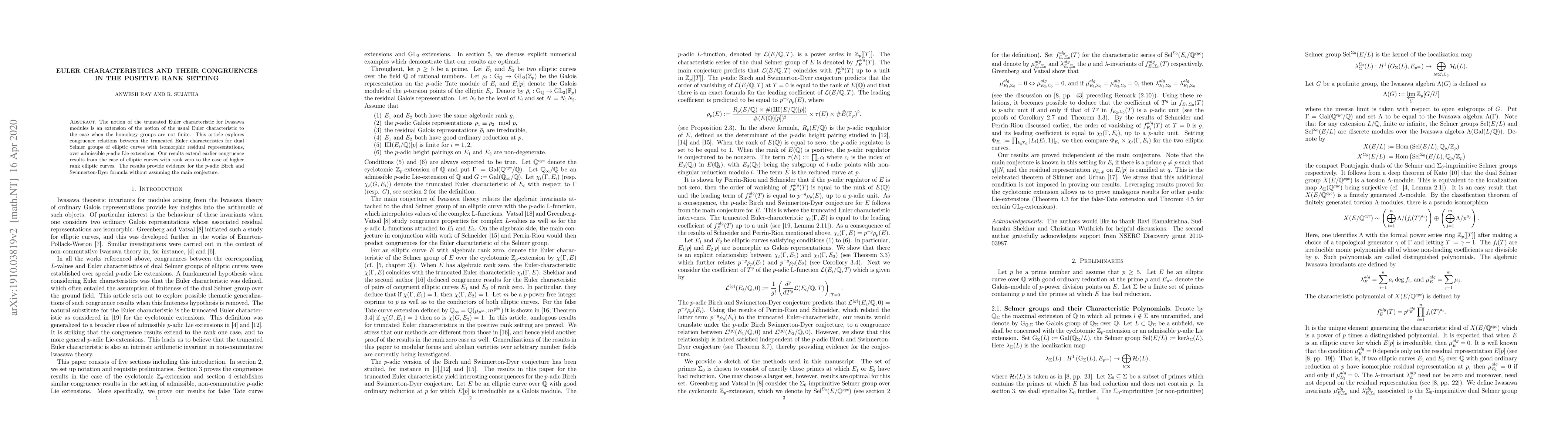 Thumbnail for Euler Characteristics and their Congruences in the Positive Rank Setting