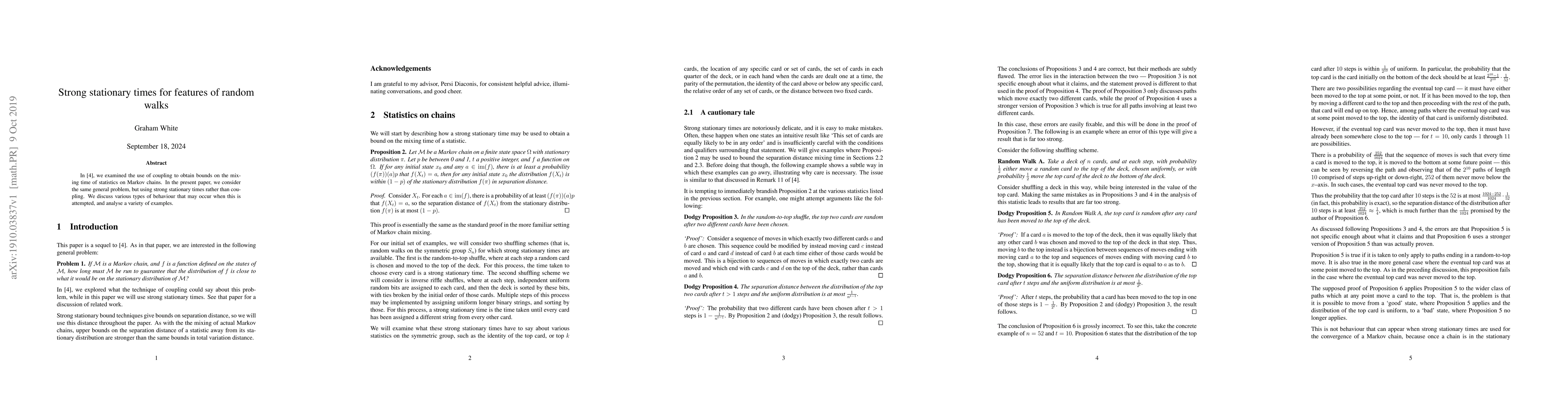 Thumbnail for Strong stationary times for features of random walks