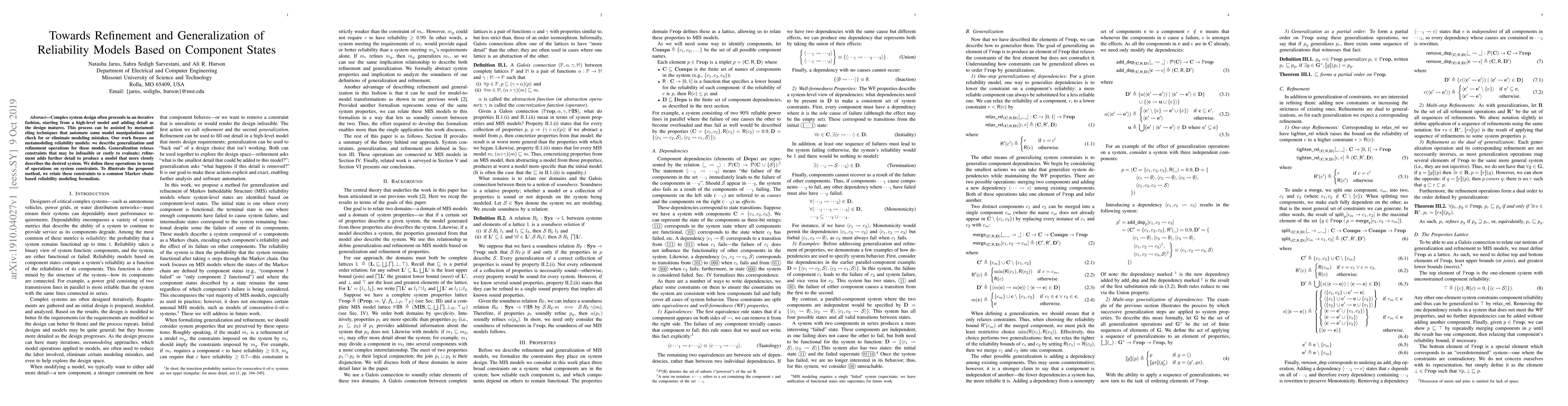 Thumbnail for Towards Refinement and Generalization of Reliability Models Based on
  Component States