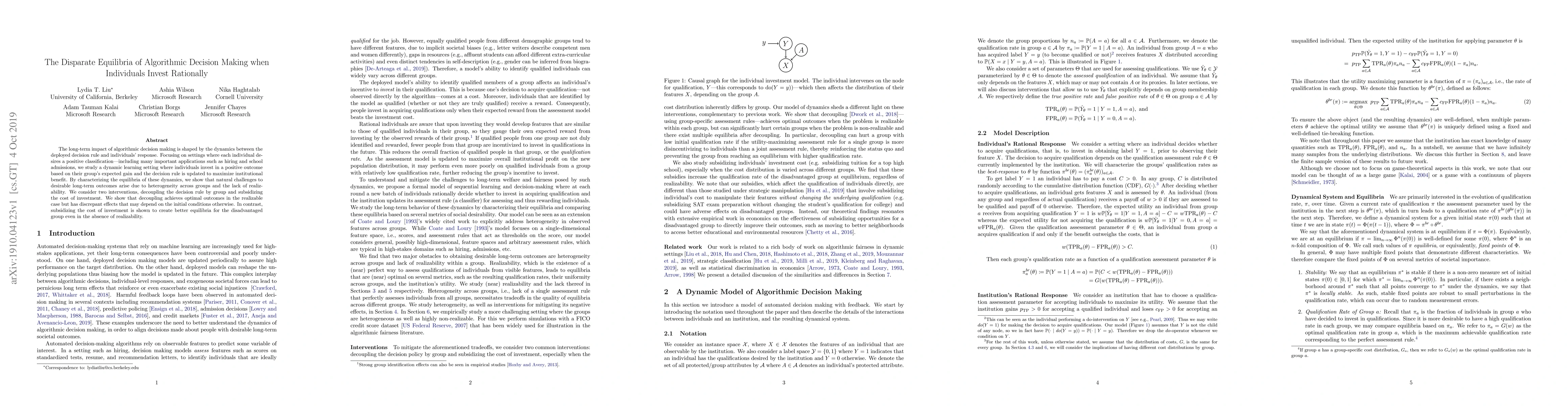 Thumbnail for The Disparate Equilibria of Algorithmic Decision Making when Individuals
  Invest Rationally