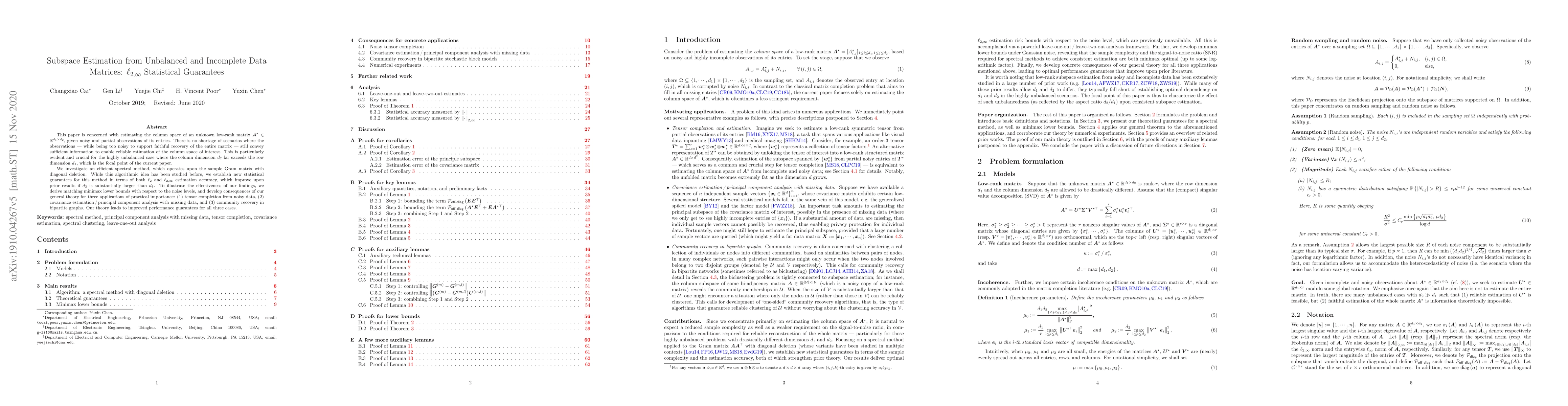 Thumbnail for Subspace Estimation from Unbalanced and Incomplete Data Matrices:
  $\ell_{2,\infty}$ Statistical Guarantees