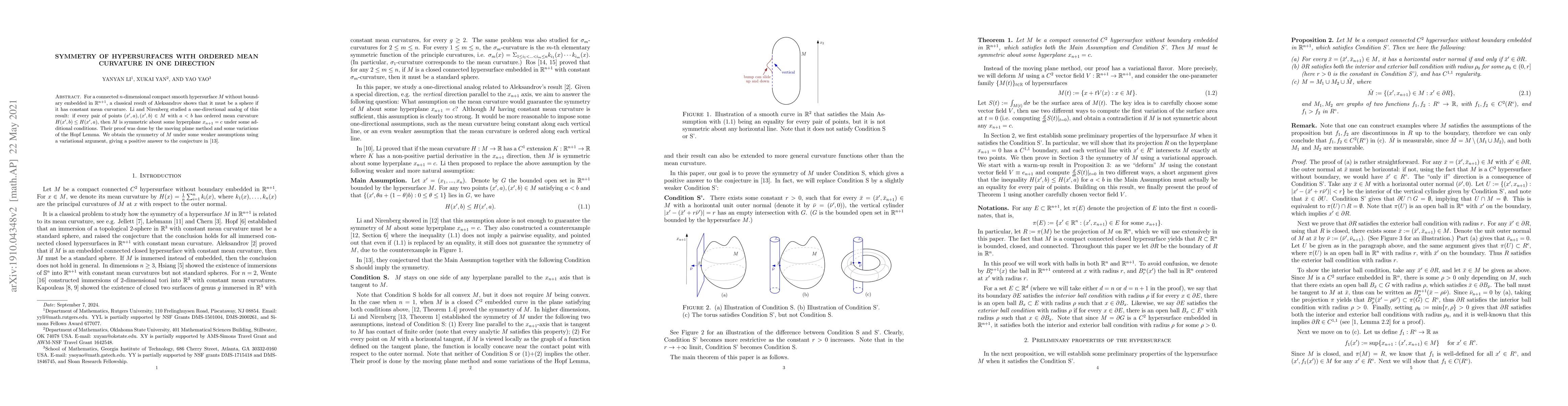 Thumbnail for Symmetry of hypersurfaces with ordered mean curvature in one direction