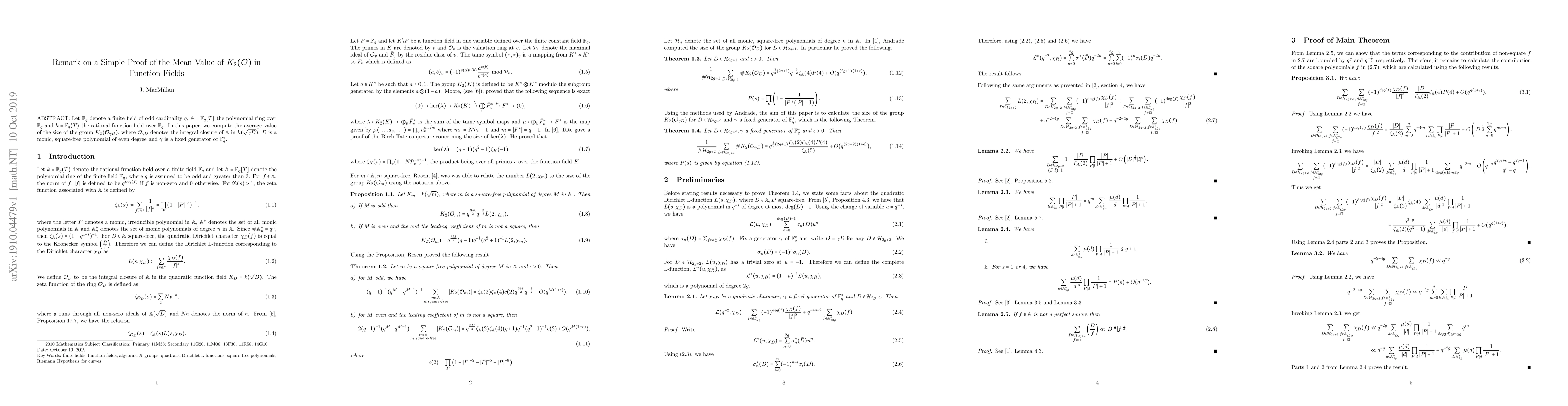 Thumbnail for Remark on a Simple Proof of the Mean Value of $K_2(\mathcal{O})$ in
  Function Fields