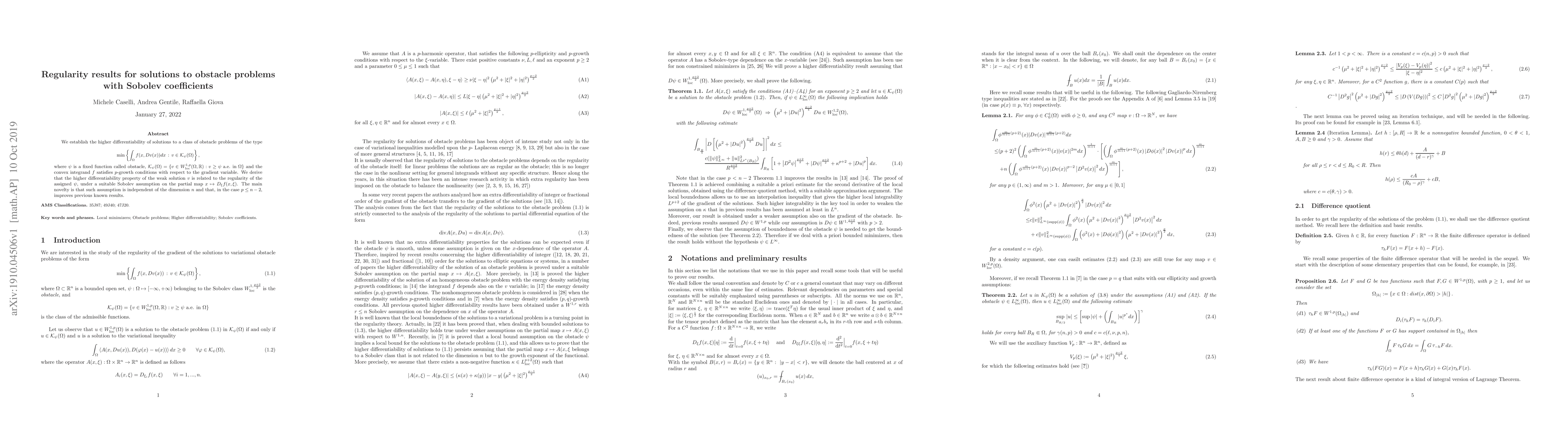 Thumbnail for Regularity results for solutions to obstacle problems with Sobolev
  coeffcients