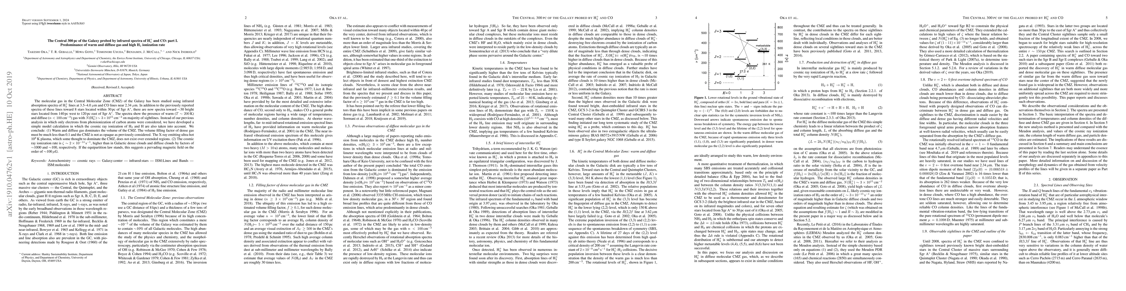 Thumbnail for The Central 300 pc of the Galaxy probed by infrared spectra of H$_3^+$
  and CO: part I. Predominance of warm and diffuse gas and high H$_2$
  ionization rate