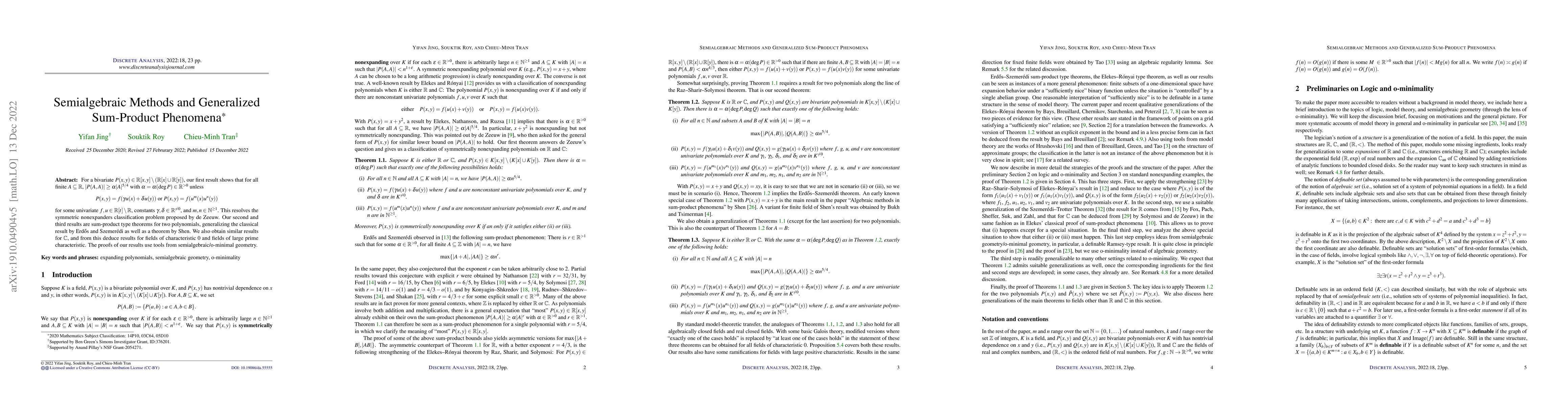 Thumbnail for Semialgebraic methods and generalized sum-product phenomena