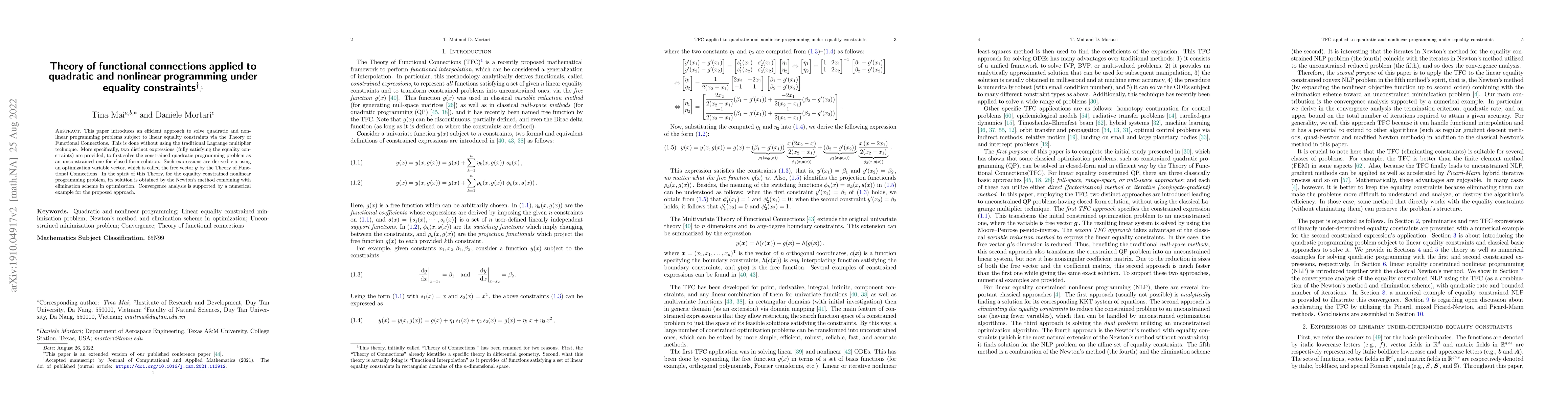 Thumbnail for Theory of functional connections applied to quadratic and nonlinear
  programming under equality constraints